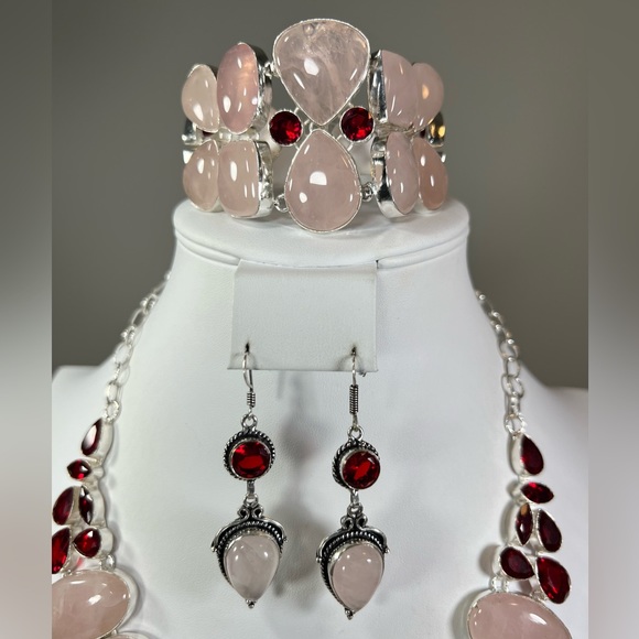 Rose Quartz Garnet 925 Large Necklace Bracelet Earrings - Picture 12 of 16